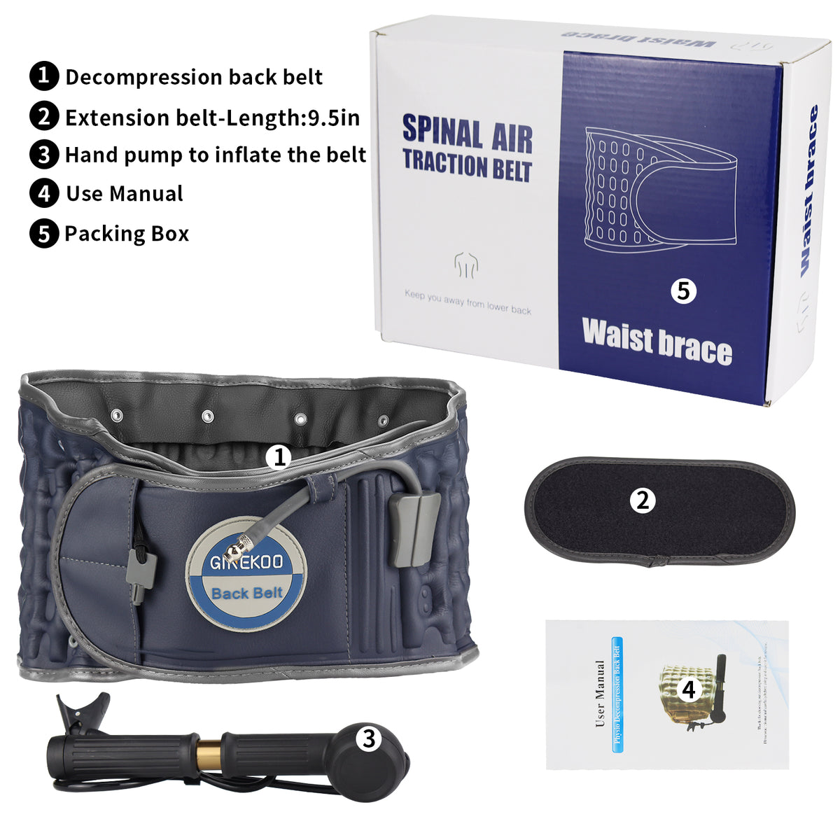 Decompression Back Belt by GINEKOO - Spinal Air Traction Belt for Lumbar Support and Lower Back Pain, Back Support & Lumbar Traction Belt, Navy Blue(29-49 inch Waists)